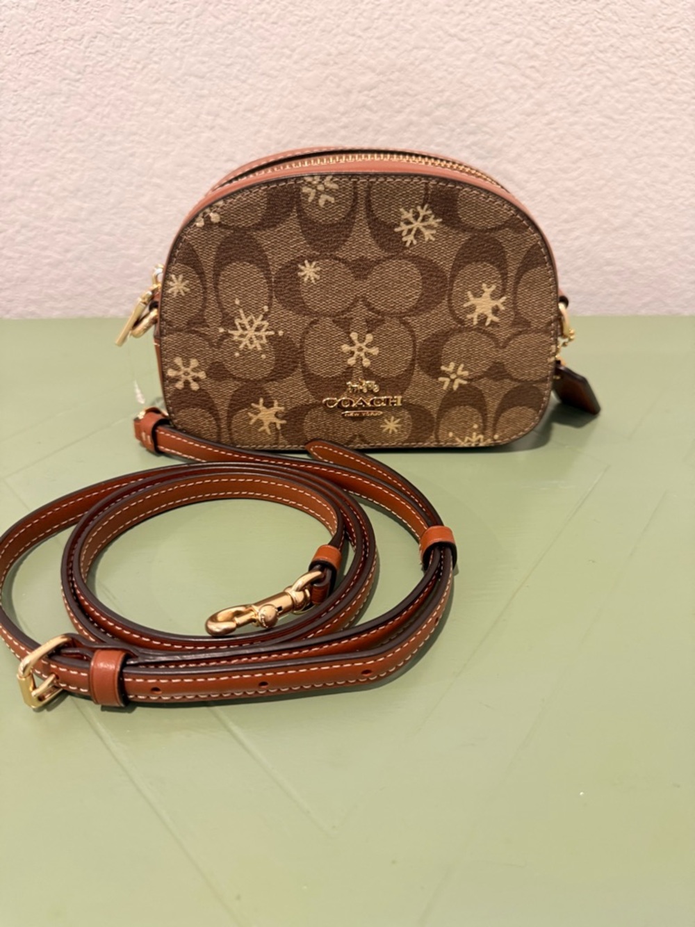 Coach Brown Signature Snowflake Mini Crossbody with Gold Hardware